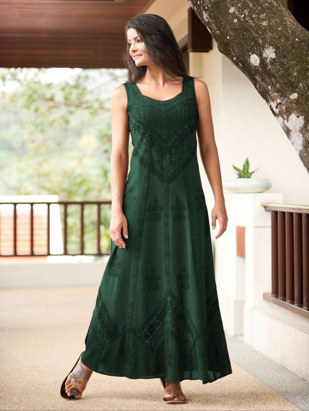 Holy Clothing Brand Deep Green Maxi Dress with Embroidery - Ena - Size Small